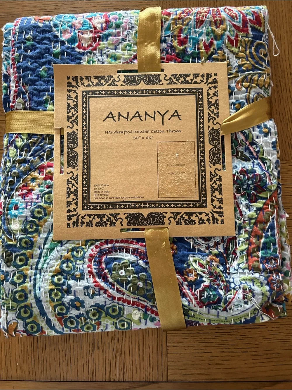 ANANYA Handcrafted Kantha Cotton Throw - Blue & Multicolor